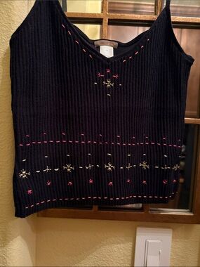 VTG J. Crew Black Ribbed Knit Sleeveless Tank Top w/ Embroidery Accents Rare New
